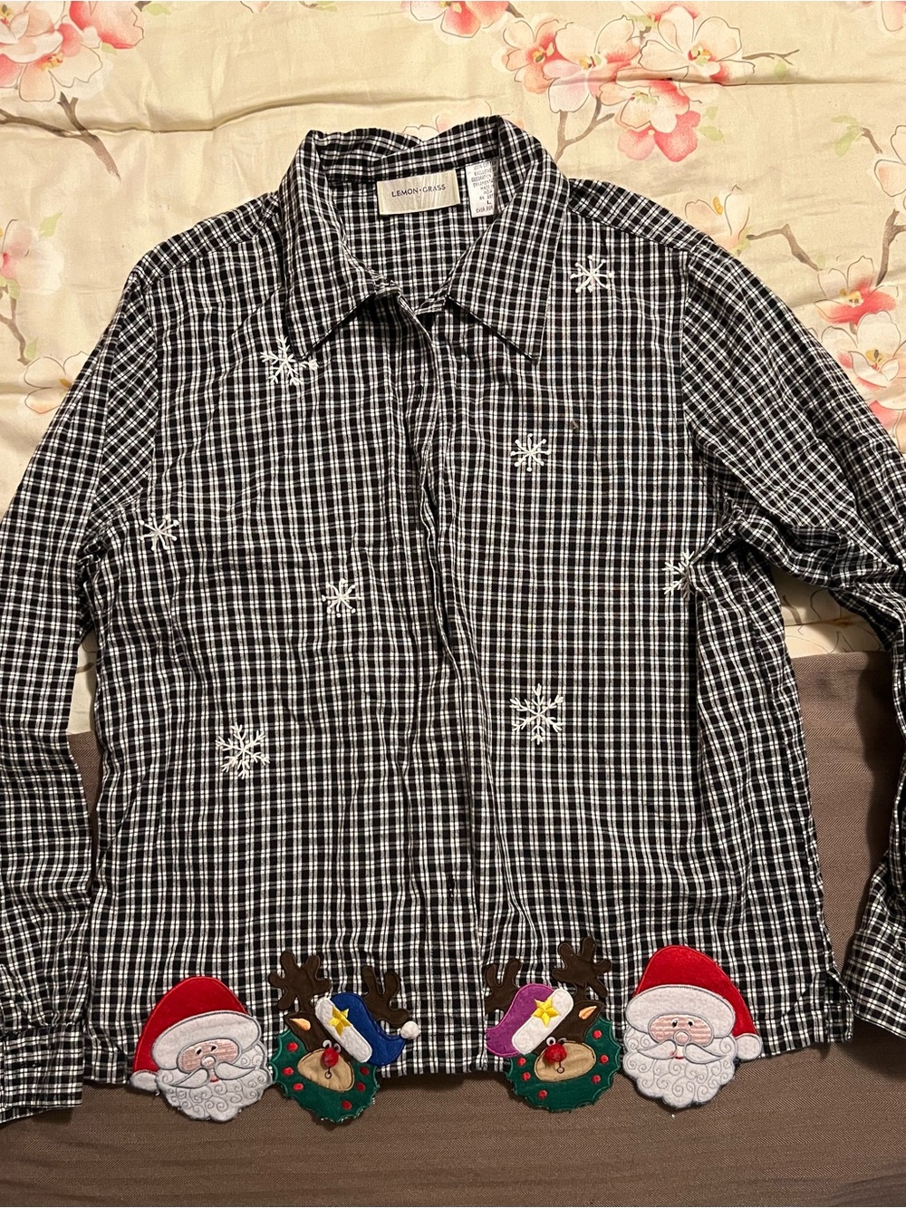 Lemon Grass Christmas Black White Plaid Button Up Shirt SZ Large